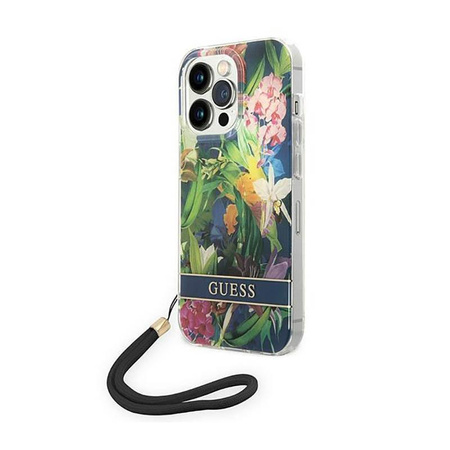 Guess Flower Cord - Etui ze smyczką iPhone 14 Pro Max (niebieski)