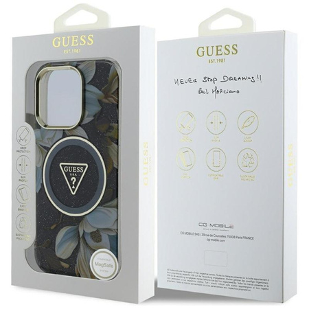 Guess Glitter Flowers Triangle Buttons MagSafe - Etui do iPhone 16 Pro Max (czarny)