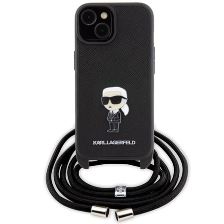 Karl Lagerfeld Crossbody Saffiano Monogram Ikonik Metal Pin - Etui iPhone 15 (czarny)