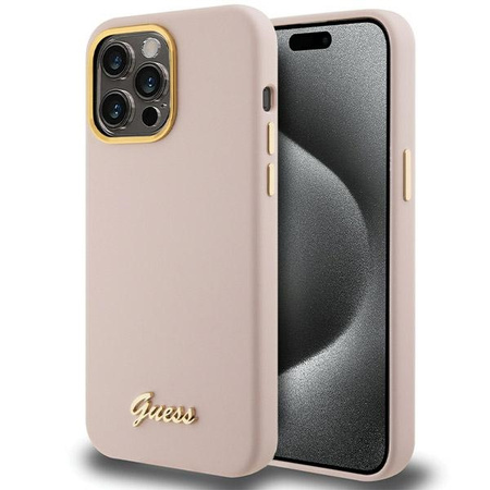 Guess Silicone Script Metal Logo & Frame - Etui iPhone 15 Pro (różowy)