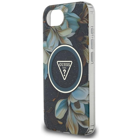 Guess IML Metal Glitter Flowers Triangle MagSafe - Etui do iPhone 16e (czarny)
