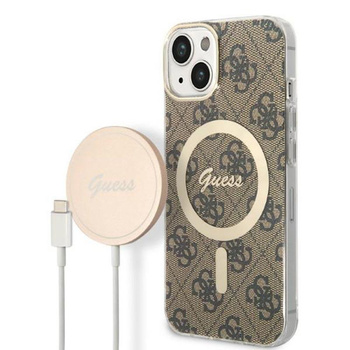 Guess Bundle Pack MagSafe 4G - Zestaw etui + ładowarka MagSafe iPhone 14 (brązowy/złoty)