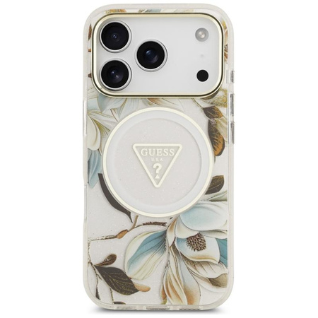Guess IML Glitter Flowers Triangle MagSafe - Etui iPhone 17 Pro (biały)