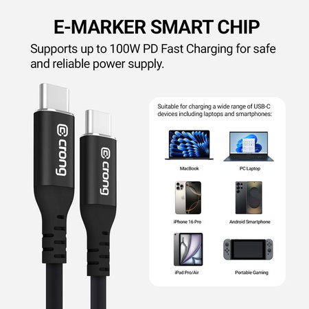 Crong Soft Link - Kabel 100W PD 5A USB-C do USB-C 25cm (czarny)