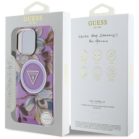 Guess Glitter Flowers Triangle Buttons MagSafe - Etui do iPhone 16 Pro (fioletowy)