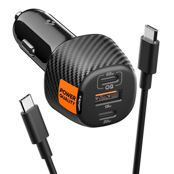 Spigen Essential EV1133 – ładowarka samochodowa 2x USB-C PD i USB-A QC3.0 113 W + 100 W, kabel USB-C, 1 m (czarny)