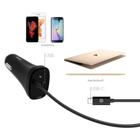 Kanex USB-C Car Charger - Ładowarka samochodowa z kablem USB-C, 3 A, 1.2 m + USB Port 1 A (Black)