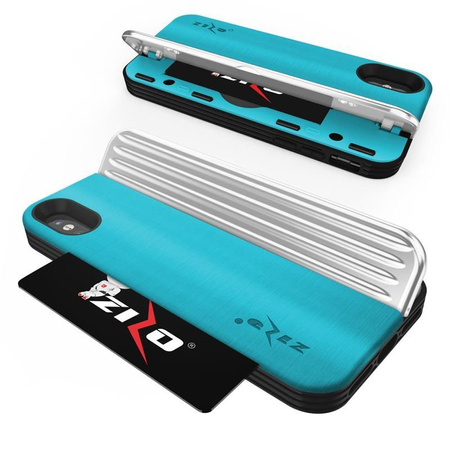Zizo Retro Series - Etui iPhone Xs / X z kieszenią na karty + podstawka + szkło 9H na ekran (Baby Blue/Silver)