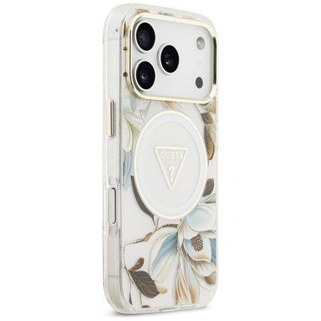 Guess IML Glitter Flowers Triangle MagSafe - Etui iPhone 17 Pro (biały)