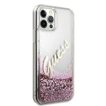 Guess Glitter Vintage Script - Etui iPhone 12 Pro Max (różowy)