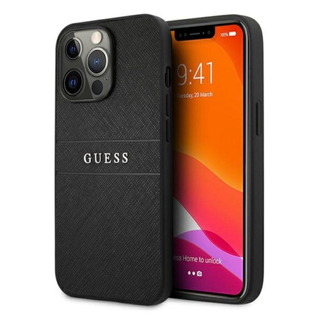 Guess Saffiano Metal Logo Stripes - Etui iPhone 13 Pro Max (czarny)