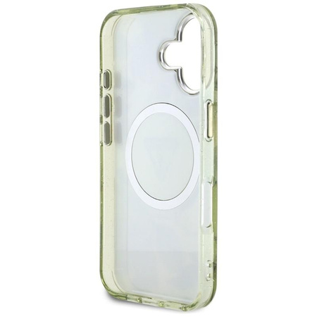 Guess Glitter Flowers Triangle Buttons MagSafe - Etui do iPhone 16 zielony