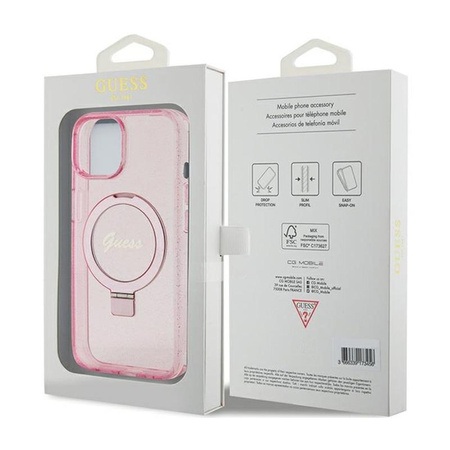 Guess Ring Stand Script Glitter MagSafe - Etui iPhone 15 (różowy)