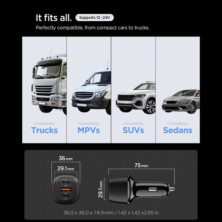 Spigen Essential EV1133 - Ładowarka samochodowa 2x USB-C PD & USB-A QC3.0 113W + Kabel 100W USB-C 1 m (Black)