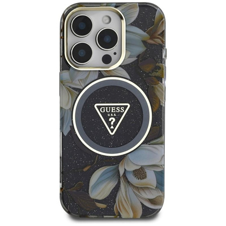 Guess Glitter Flowers Triangle Buttons MagSafe - Etui do iPhone 16 Pro Max (czarny)