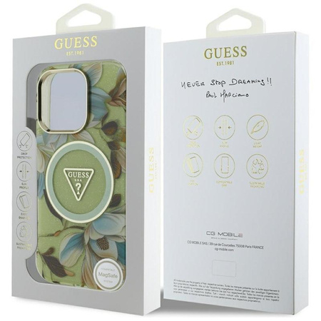 Guess Glitter Flowers Triangle Buttons MagSafe - Etui do iPhone 16 Pro (zielony)