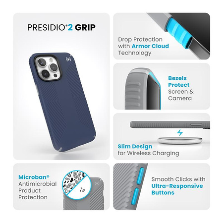 Speck Presidio2 Grip - Etui iPhone 15 Pro Max (Coastal Blue / Dust Grey / White)