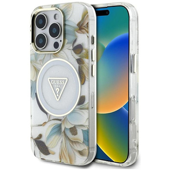 Guess Glitter Flowers Triangle Buttons MagSafe - Etui do iPhone 16 Pro (biały)