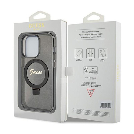 Guess Ring Stand Script Glitter MagSafe - Etui iPhone 15 Pro Max (czarny)